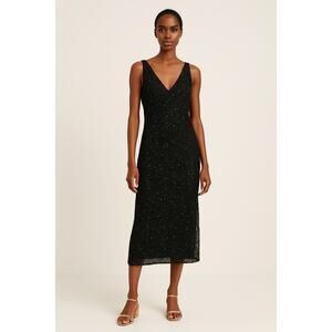 Zara Black Speckled Mesh Knit Midi Dress V-Neck Slip Lined – Size S